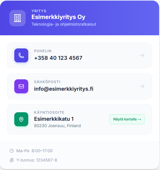 Esimerkki selkeistä yhteystiedoista verkkosivulla